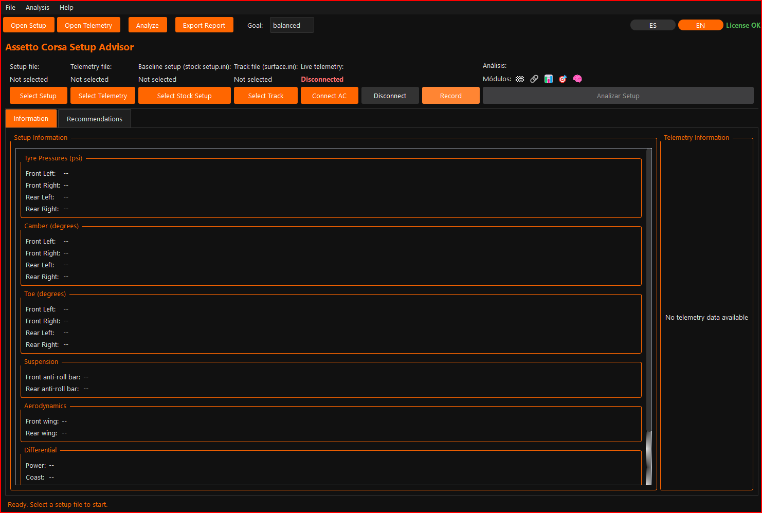 Track Engineer interface showing telemetry analysis and setup recommendations